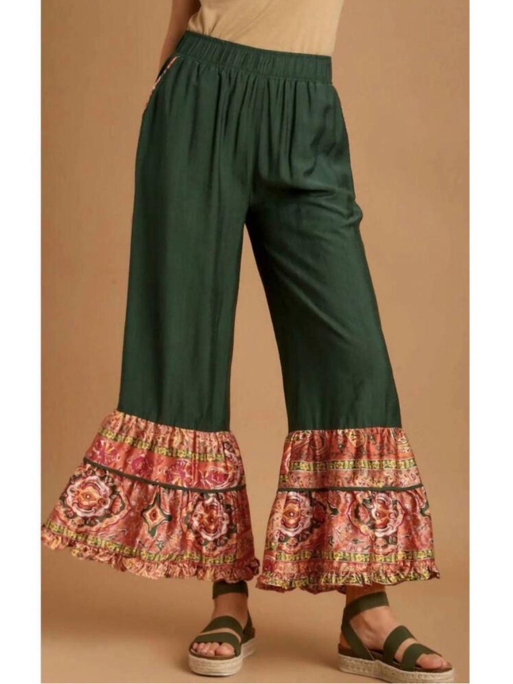 Umgee Wide Leg Boho Ruffle Hem Pants
